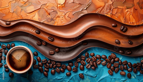 Flowing coffee waves on a multicolored background, suitable for dynamic and vibrant advertising photo