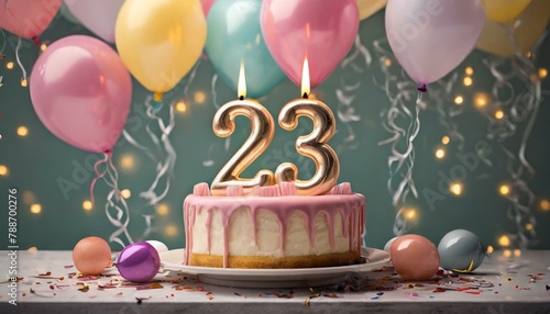 number 23 candle on a twenty eit year birthday or anniversary cake celebration with balloons