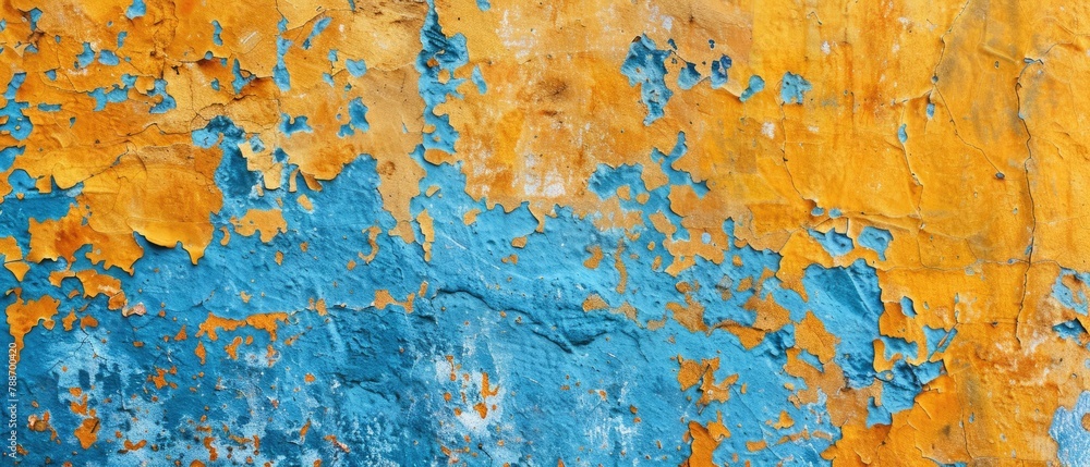terracotta oranges, warm yellows, azure blues, and an abstract background with an aged texture