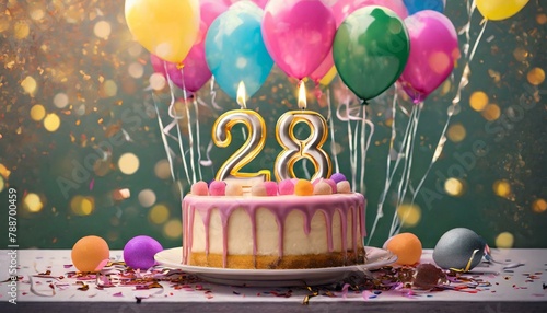 number 28 candle on a twenty eit year birthday or anniversary cake celebration with balloons photo