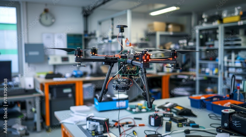 A large drone is sitting on a table in a room full of other drones and robots