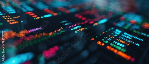 Close up of glowing numbers and financial informational graphs on a digital screen showing stock market data photo