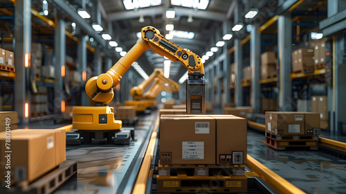 Work on smart warehouse. Robot arm places boxes on pallets. Automation logistics on smart stock storage. Industry robot with AI on factory floor. Technologies business concept.