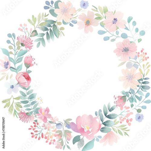 A lovely floral wreath border over an empty white background is watercolor and pastel color decorated.