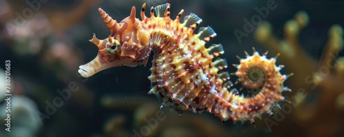 detailed brown seahorse against a blurred aquatic backdrop, highlighting marine life.