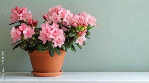 Wallpaper Mural Capture the beauty of a pink azalea or Rhododendron plant in full bloom Picture it in a charming brown pot resting on a white table offering a side view with room for text perfect for celeb Torontodigital.ca