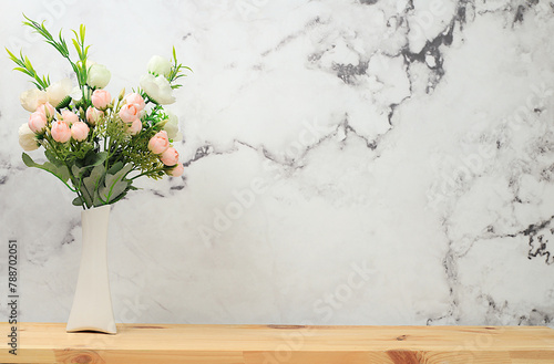 Kitchen table with spring flowers. Simple home kitchen interior, mockup for product design and display, zero waste and healthy lifestyle concept,