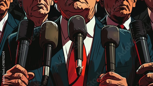A satirical illustration of a close-up of politicians wearing suits at press conferences. photo