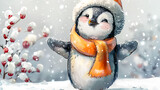 A penguin wearing a hat and scarf is standing in the snow. The image has a wintery, festive mood, with the penguin's attire and the snow-covered surroundings