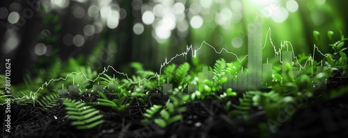  a barren stock chart in the middle of green little plant and soil with bokeh blurred background photo