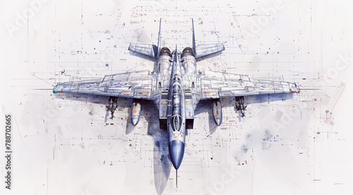 a blue technical sketch of a fighter jet. photo