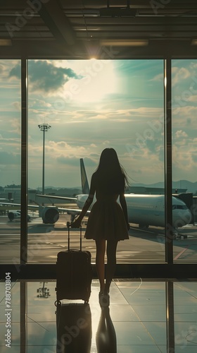 Woman Walking Towards Airport With Luggage