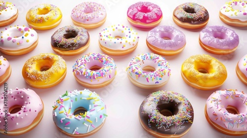 Sweet Delights: Colorful Donuts Adorned with Sprinkles in a Tempting Array