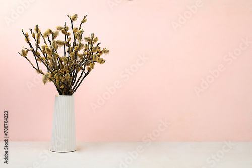 Holiday concept with delicate willow flowers, spring flower arrangement, still life or banner with place for text. Greeting card for Easter, Mother's Day, Happy Birthday, Wedding,
