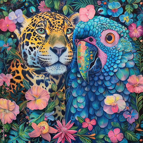 Brazilian fauna and flora, two characters, a jaguar and a blue macaw covered in flowers by harryfinney, bold manga lines, in the style of portraits