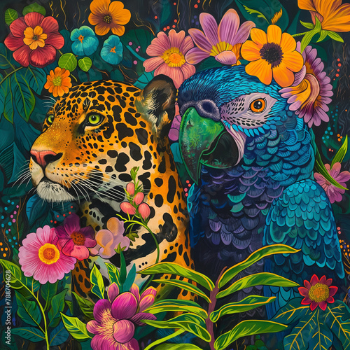 Brazilian fauna and flora, two characters, a jaguar and a blue macaw covered in flowers by harryfinney, bold manga lines, in the style of portraits