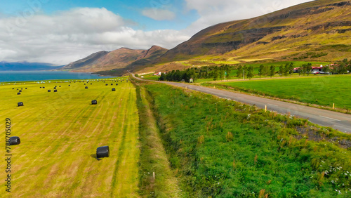 Aerial view of rural traditional house and farm field at small village in Svalbardseyri near Akureyri, Iceland photo