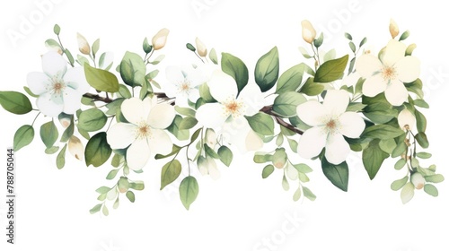 Dark green leaves and thick  tiny white flowers hanging from above are shown in this white water colour clipart set on a white backdrop.