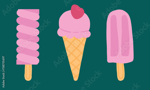Set of three stylized ice creams: a twirled popsicle, a scooped cone with a cherry, and a classic ice lolly, all in playful pink tones. © AlexTroi
