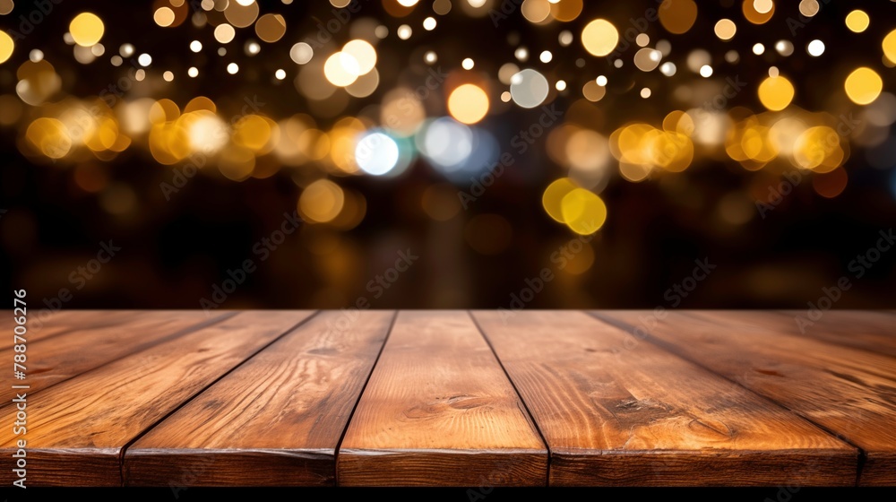 Empty wooden tabletop in a restaurant setting, bathed in the warm glow of ambient bokeh lights, ideal for display Empty wooden tabletop in a restaurant setting, bathed in the warm glow of ambient bokeh lights, ideal for display