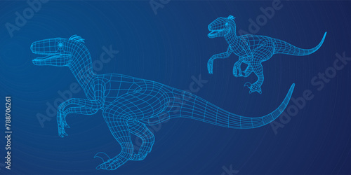wireframe three dimensional models of velociraptors dinosaur on gradiant blue background