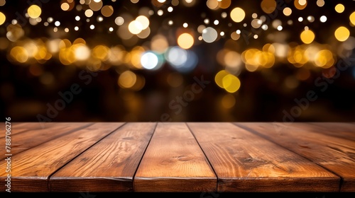 Empty wooden tabletop in a restaurant setting, bathed in the warm glow of ambient bokeh lights, ideal for display