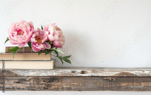 elegant Floral Arrangement  Pink Peonies  Books  and White Background