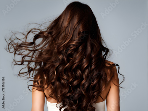back view brown-haired girl with long curly flowing hair (ID: 788706834)