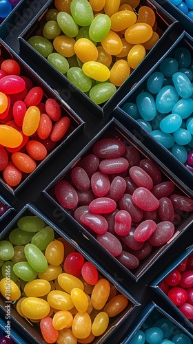 Diagonal assorted jelly beans in black box compartments, a vibrant and playful image ideal for confectionery themes