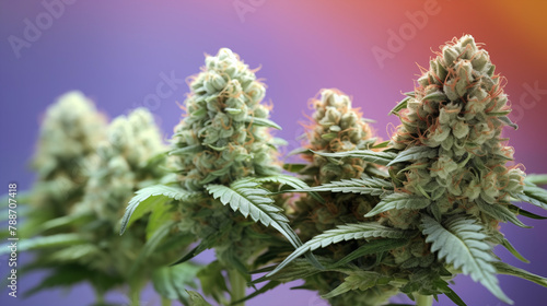 Recreative marijuana buds - Culture indoor of cannabis - CBD - Purple sunset background - Generative AI photo