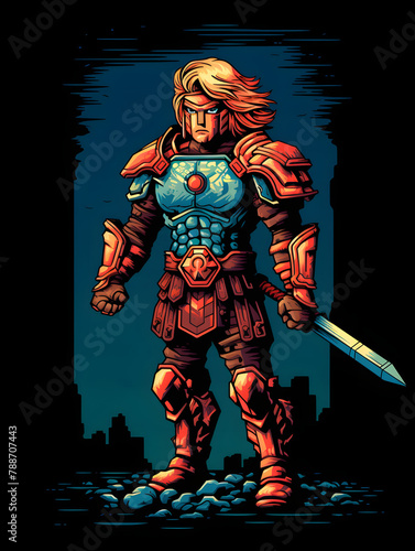 pixel knight, pixel warrior, 8 bit pixel style sword fighter, pixell character © MrJeans