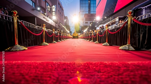 Red carpet with golden stanchions and velvet ropes leading into a brightly lit event space. photo