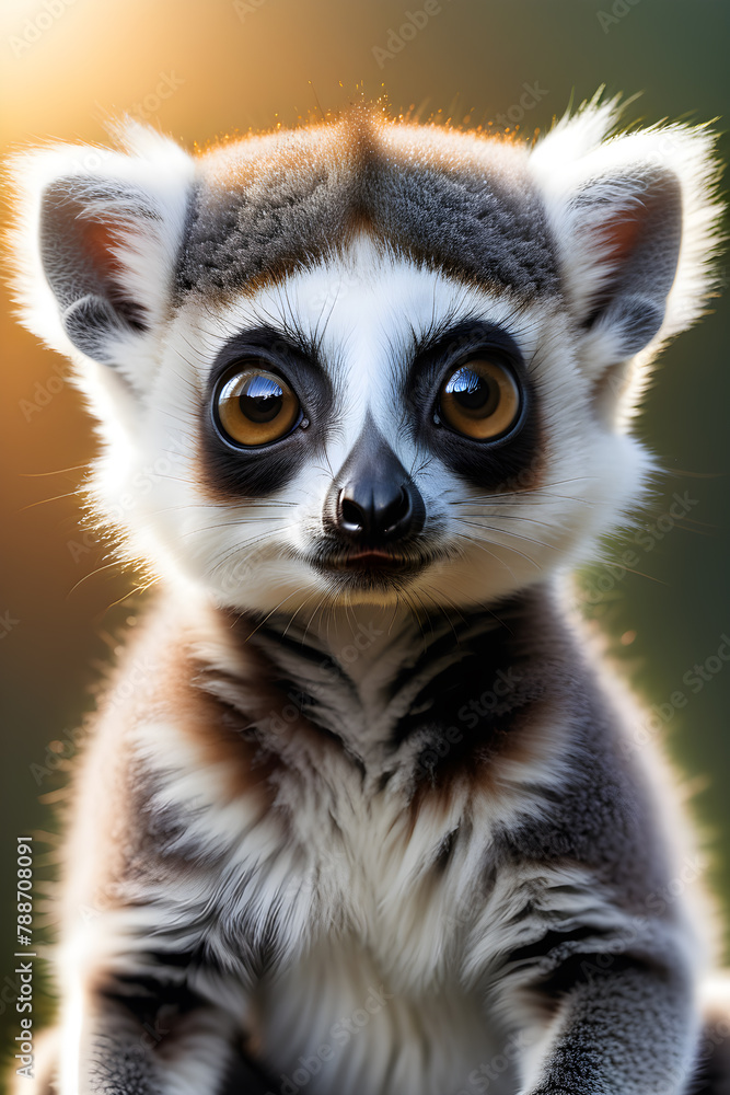 Obraz premium Little cute lemur on a tree in the sunset light