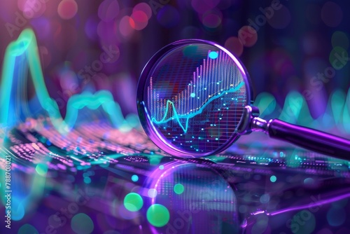 A magnifying glass over digital data, with glowing lines representing financial charts and graphs in the background Generative AI photo