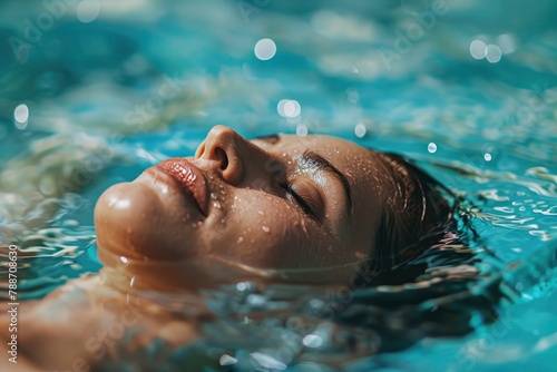 A person floating eyes closed in the pool water, enjoying the peaceful feeling of swimming