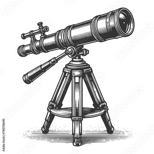antique telescope mounted on a wooden tripod, symbolizing exploration and discovery sketch engraving generative ai vector illustration. Scratch board imitation. Black and white image.