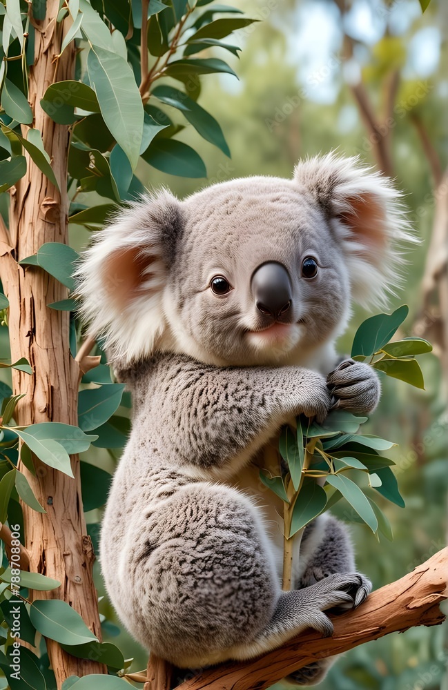 Fototapeta premium A beautiful little cute cartoon koala on branch of eucalyptus