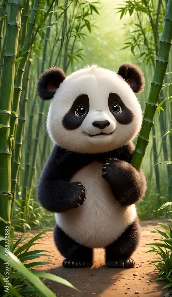 A beautiful little panda on the background of bamboo grove A beautiful little panda on the background of bamboo grove