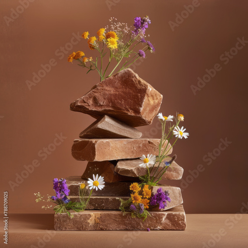 Product display brown background with wildflowers grow on pieces of rock © Chili