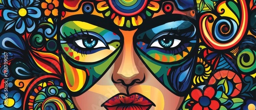 abstract painting of a woman face with various shape and colours on black background © Image