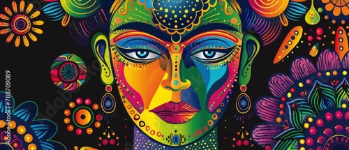 abstract painting of a woman face with various shape and colours on black background