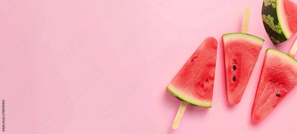Watermelon popsicle on a blue background. Watermelon slices on sticks. View from above. place for text. generative ai Watermelon popsicle on a blue background. Watermelon slices on sticks. View from above. place for text. generative ai