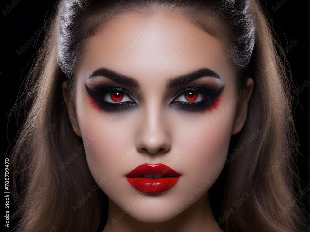 portrait of a girl with Halloween vampire makeup and red eyes portrait of a girl with Halloween vampire makeup and red eyes
