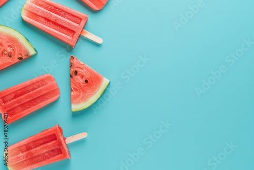 Watermelon popsicle on a blue background. Watermelon slices on sticks. View from above. place for text. generative ai © Лариса Алаликіна