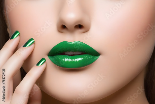 portrait of a girl with green lips and green nail polish (ID: 788709431)