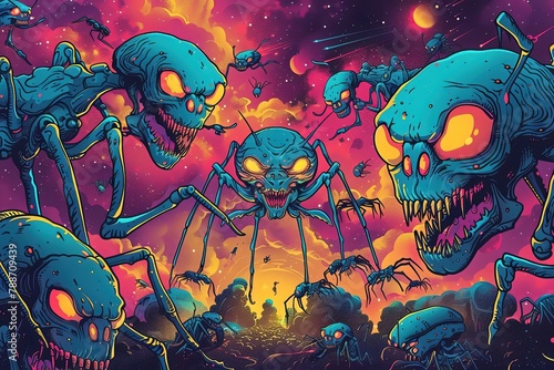 Fototapeta Naklejka Na Ścianę i Meble -  A colony of spacefaring ants builds a network of interconnected space stations, spanning the vast reaches of the galaxy