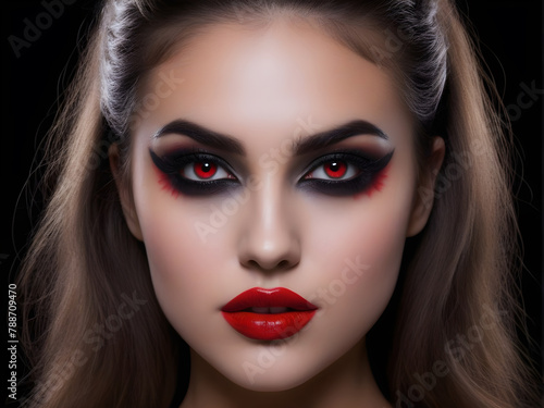 portrait of a girl with Halloween vampire makeup and red eyes (ID: 788709470)