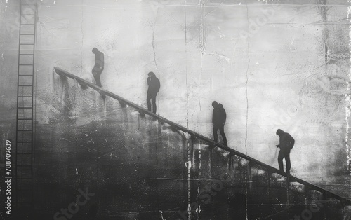 Corporate ladder, distant view, dark silhouettes climbing on black and gray background photo