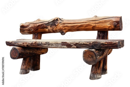 Ancient rural bench from logs. Isolated over white. Roughly hammered together wooden bench.