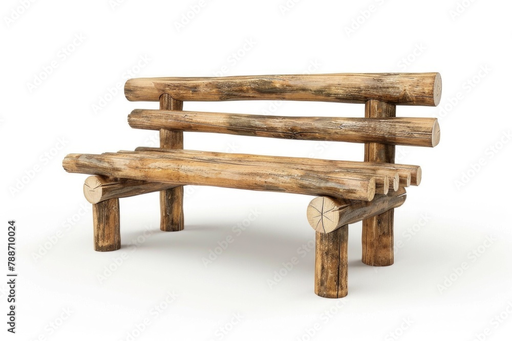 Bench on white background  wooden log home style bench